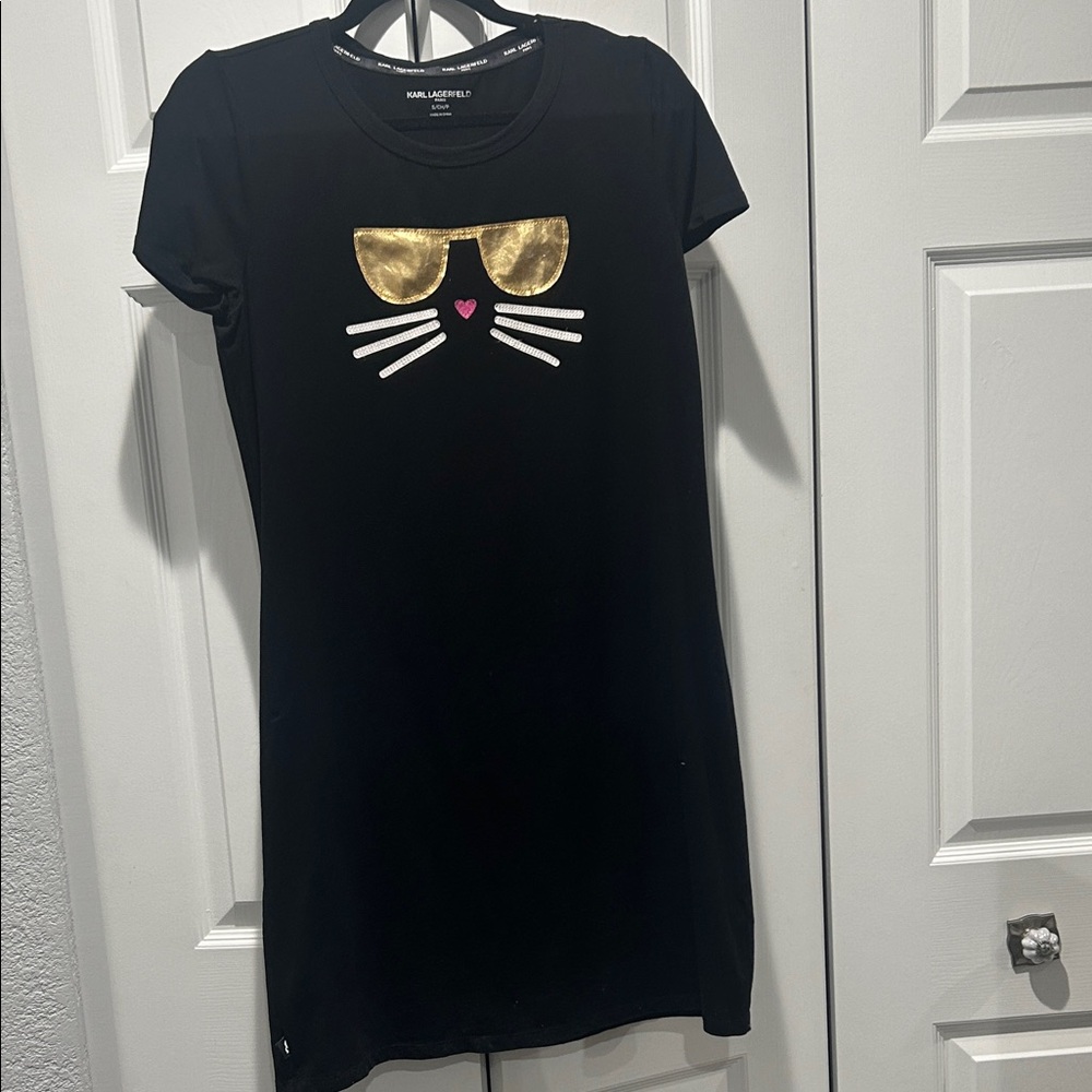 Karl Lagerfeld Black Dress with Gold and White Cat Design